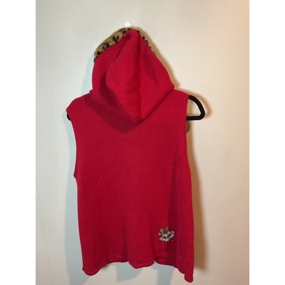 CB Collections Women's Red Beaded Reindeer Christmas Hooded Vest M - Picture 6 of 9